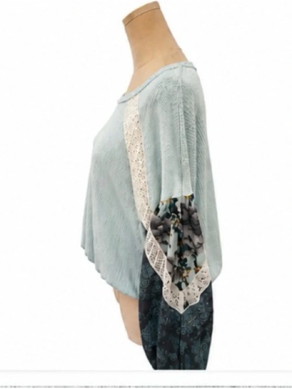 Free People Mint Green Knit Balloon Sleeve Top Floral Crochet Size S